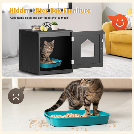 Wooden Cat Litter Box Enclosure Cat House Indoor Pet House Furniture Black