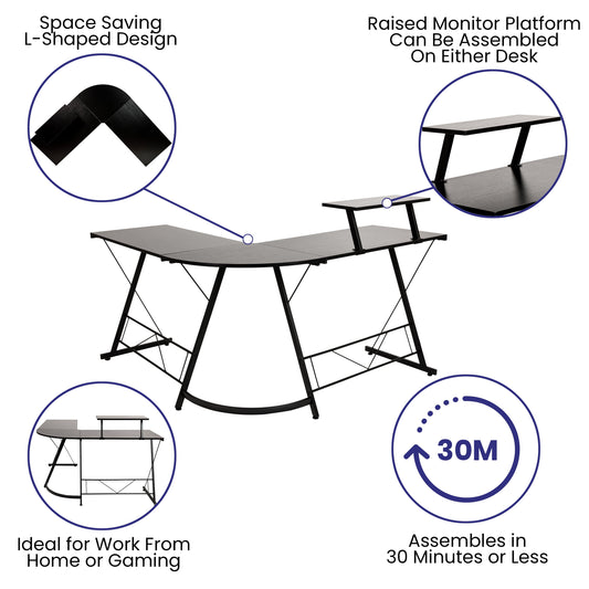 L-Shaped Computer Black Desk, Gaming Desk, Home Office Desk, Black Frame