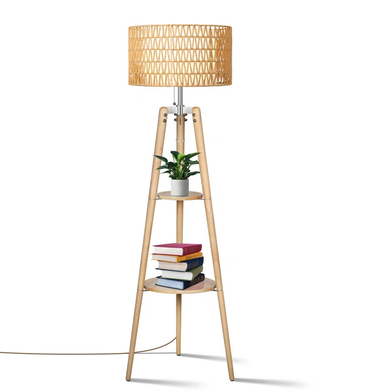 Acklins 61" Dimmable Tripod Floor Lamp Rattan Linen Dual Lampshades, Remote-Bulbs