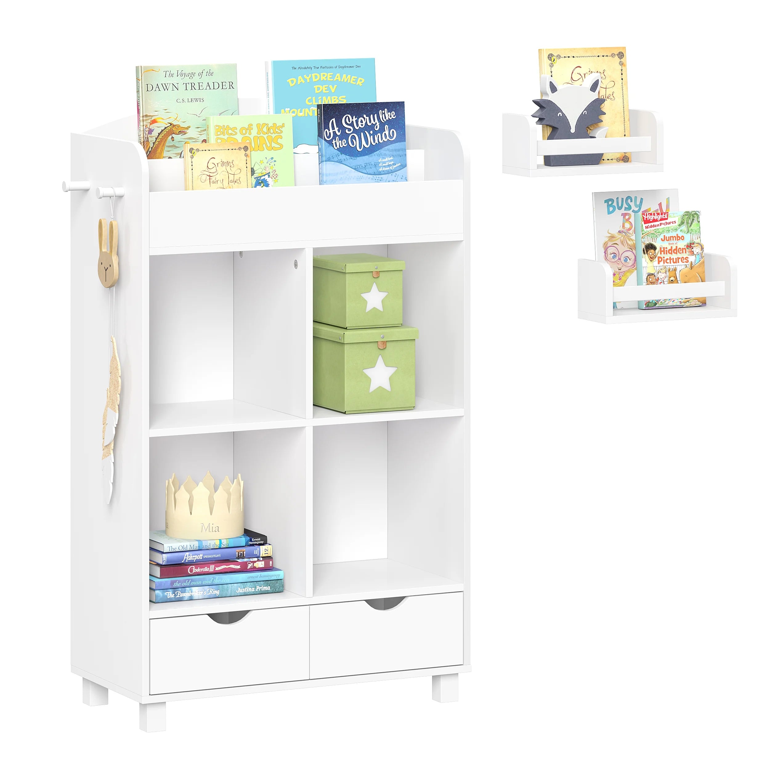 Kids Book Nook Cubby Toy Storage Cabinet with Bookshelf and 2 Floating Shelves