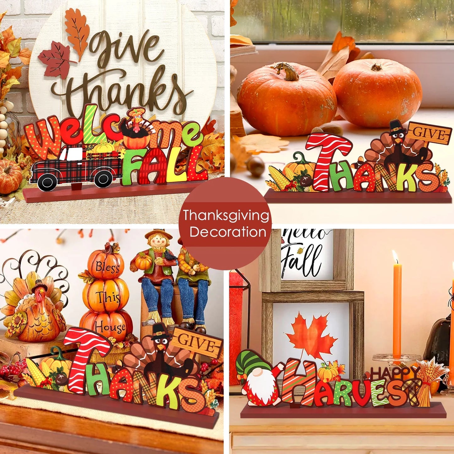 3Pcs Thanksgiving Decorations Indoor, Thanksgiving Table Decor, Turkey Pumpkin Fall Decor, Wooden Signs Decor