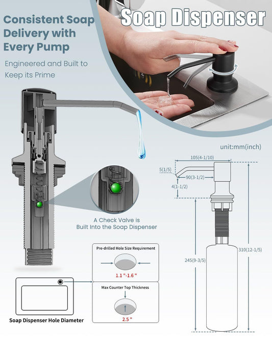 Black Kitchen Faucet Soap Dispenser, Faucet for Kitchen Sink, Kitchen Sink Fa...