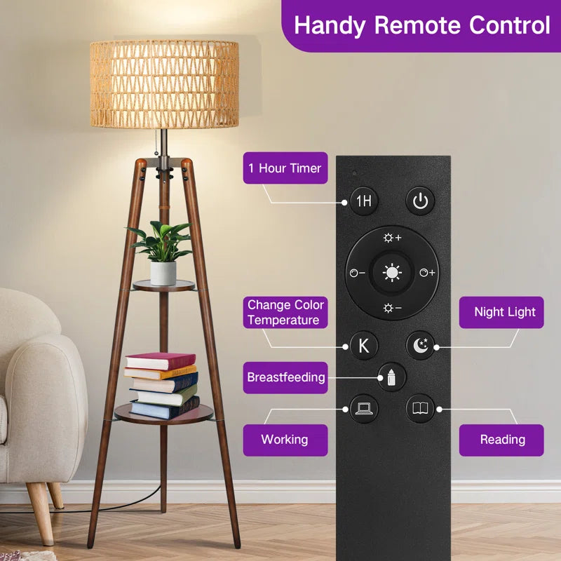 Acklins 61" Dimmable Tripod Floor Lamp Rattan Linen Dual Lampshades, Remote-Bulbs