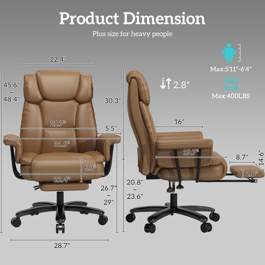 High Back Executive Office Chair, Ergonomic PU Leather Office Chair, Heavy Duty Computer Desk Chair, Reclining Office Chair with Footrest 400Lbs, Brown
