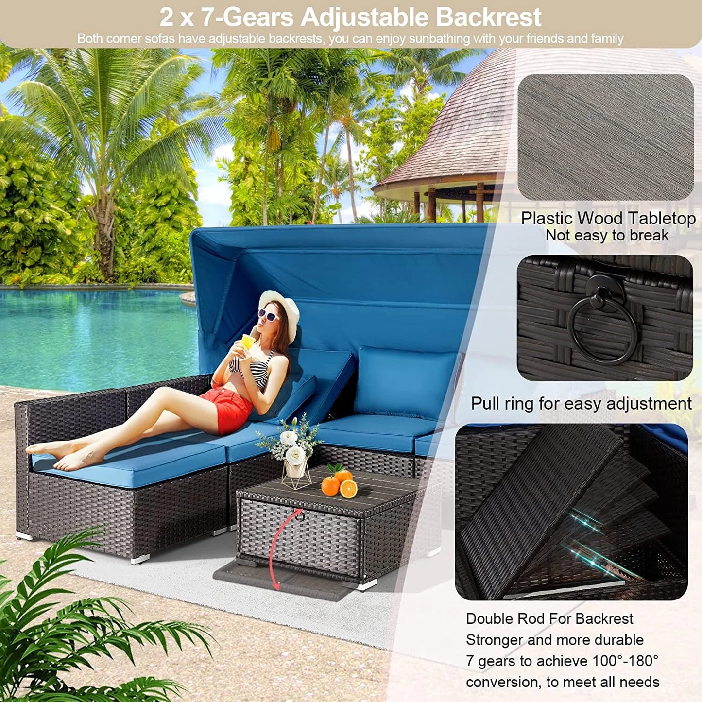 6 Pieces Patio Furniture Sets, Rattan Daybed with Retractable Canopy, Outdoor Sectional Sofa Set with Adjustable Backrest, Chaise Chair Sunbed for Garden Poolside Backyard（Blue）