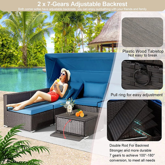 6 Pieces Patio Furniture Sets, Rattan Daybed with Retractable Canopy, Outdoor Sectional Sofa Set with Adjustable Backrest, Chaise Chair Sunbed for Garden Poolside Backyard（Blue）