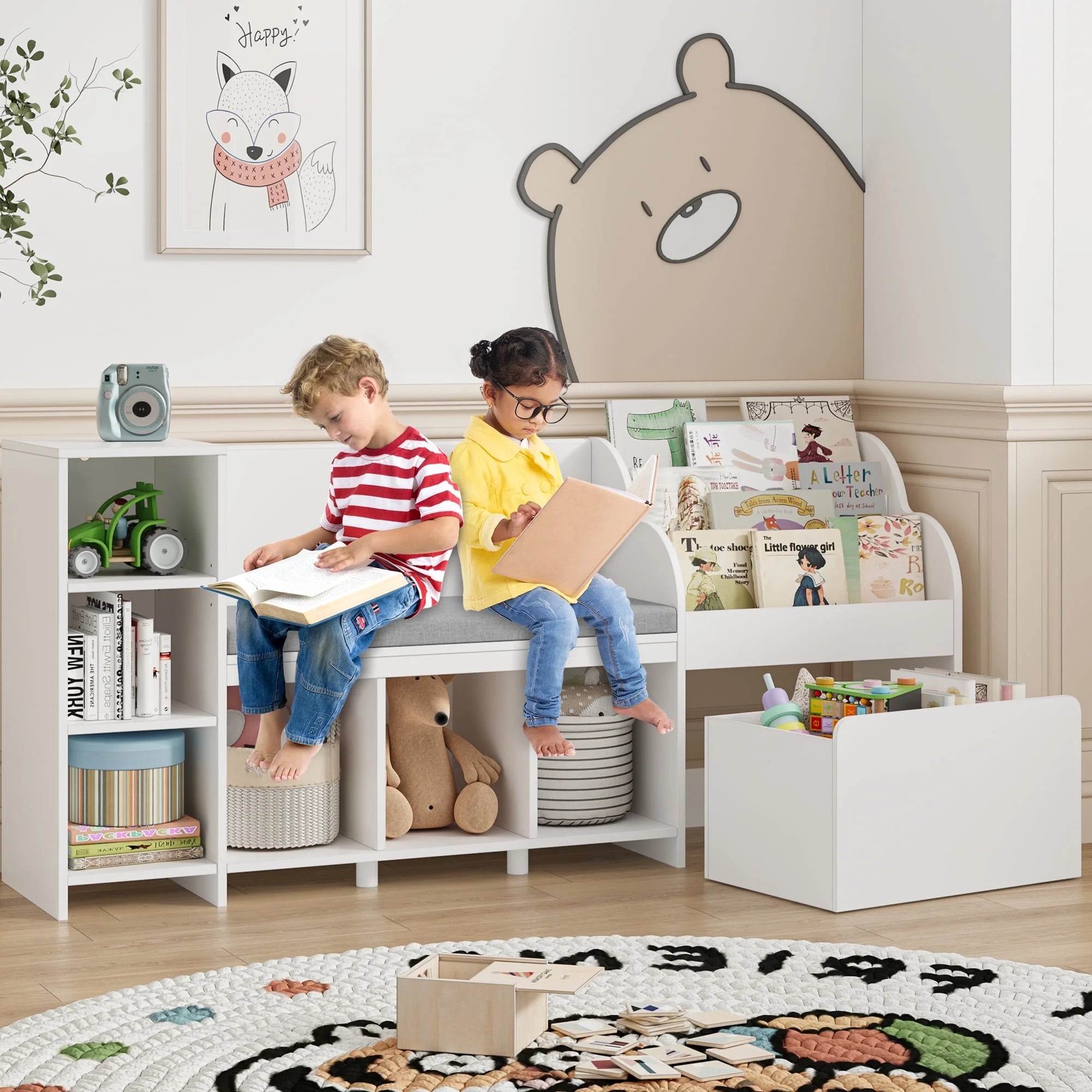 Kids Bookshelf with Reading Nook, 6 Shelf Bookcase with 1 Wood Toy Bin with 3 Tier Book Rack for Children Kidsroom