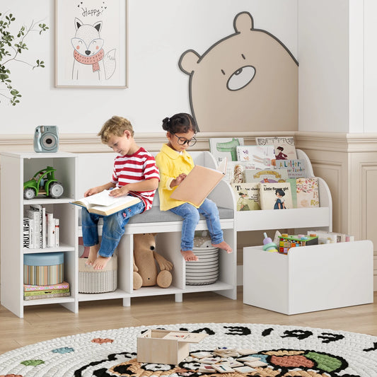 Kids Bookshelf with Reading Nook, 6 Shelf Bookcase with 1 Wood Toy Bin with 3 Tier Book Rack for Children Kidsroom