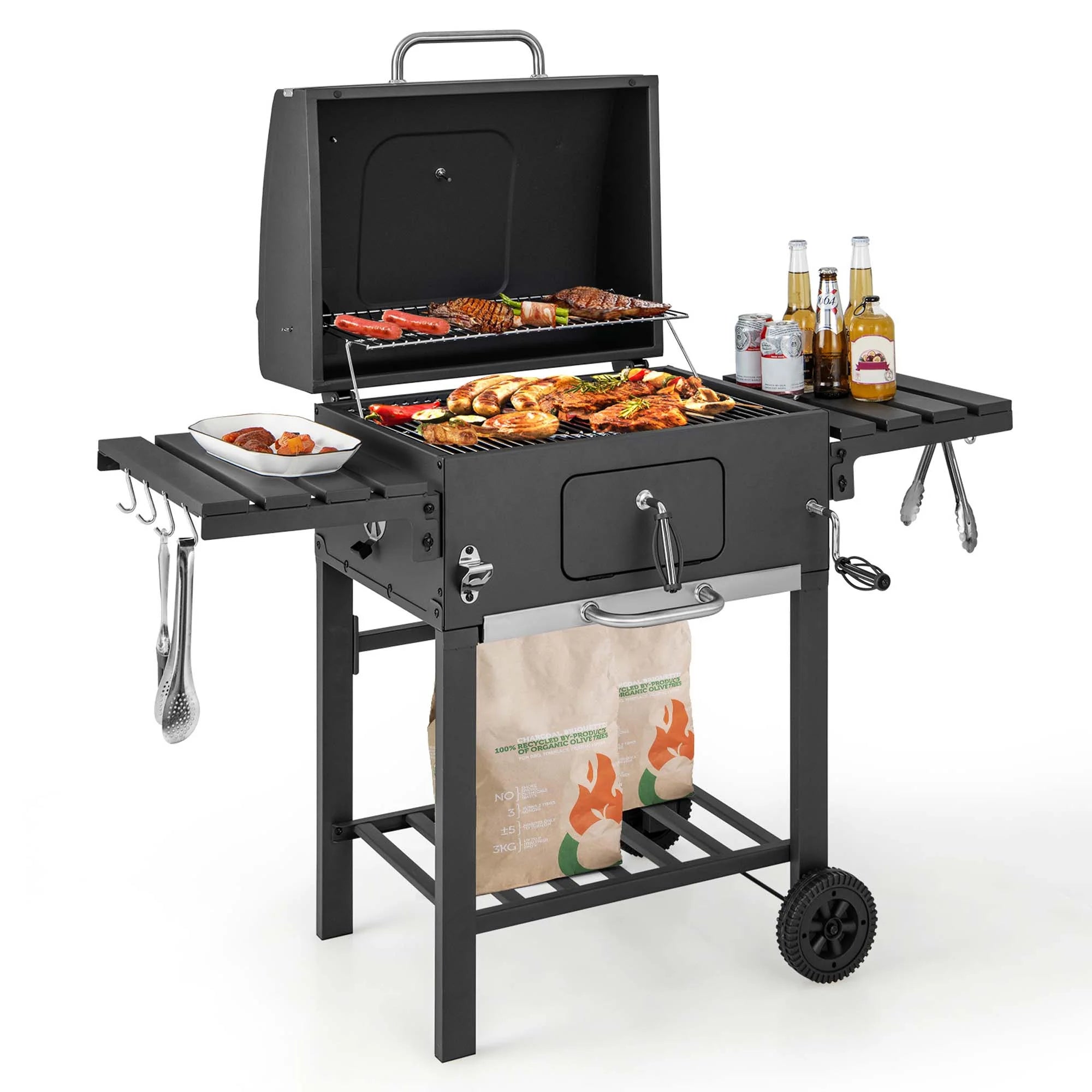 Outdoor Charcoal Grill 391 Sq.In. Cooking Area 2 Foldable Side Table BBQ Camping
