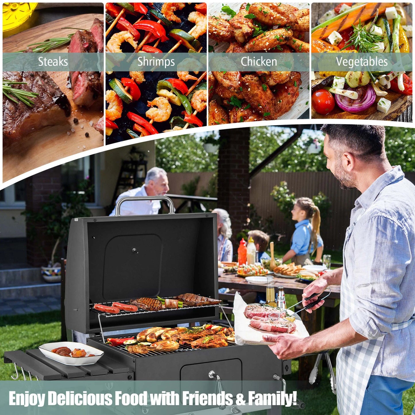 Outdoor Charcoal Grill 391 Sq.In. Cooking Area 2 Foldable Side Table BBQ Camping