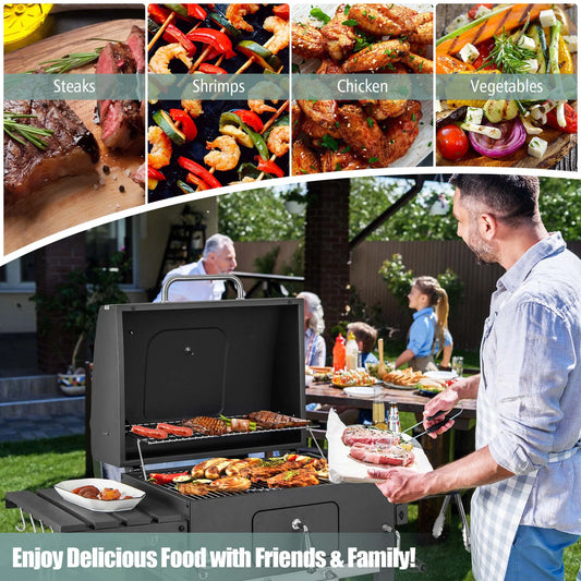 Outdoor Charcoal Grill 391 Sq.In. Cooking Area 2 Foldable Side Table BBQ Camping