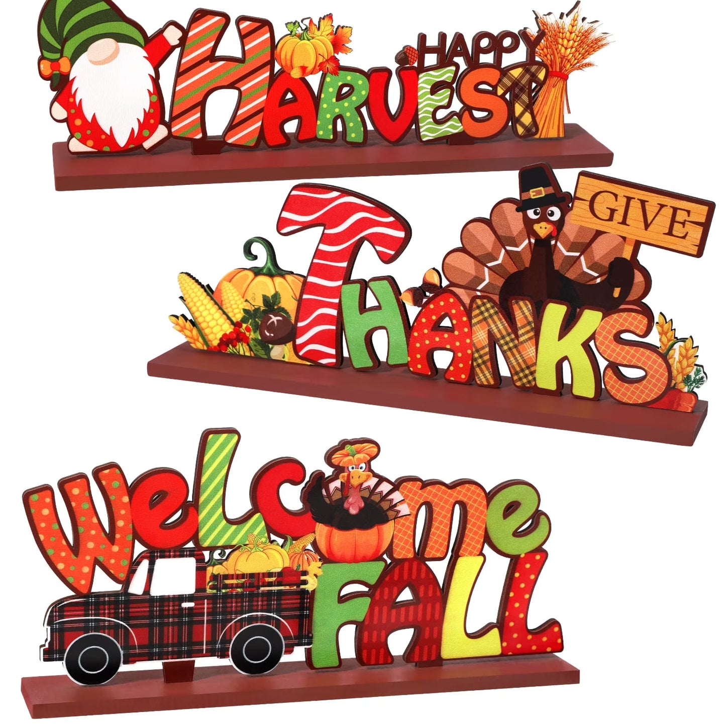 3Pcs Thanksgiving Decorations Indoor, Thanksgiving Table Decor, Turkey Pumpkin Fall Decor, Wooden Signs Decor