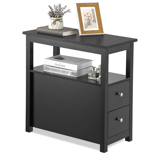 Black End Table with 2 Drawer and Open Shelf Narrow Side Table for Living Room