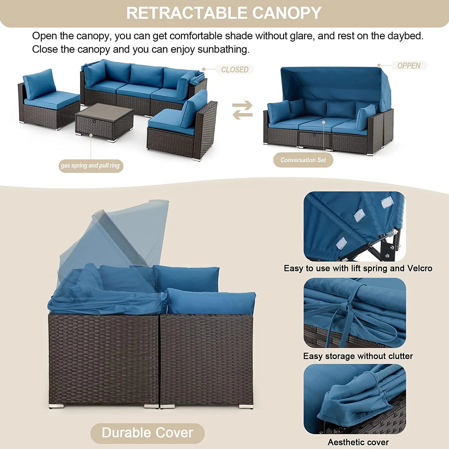 6 Pieces Patio Furniture Sets, Rattan Daybed with Retractable Canopy, Outdoor Sectional Sofa Set with Adjustable Backrest, Chaise Chair Sunbed for Garden Poolside Backyard（Blue）