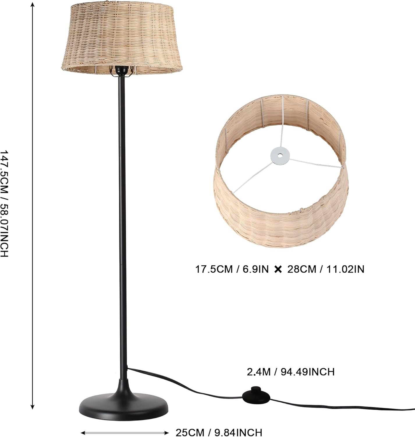 Rattan Industrial Floor Standing Lighting with Pedal Black Cord Wicker Lampshade