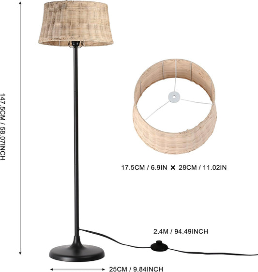 Rattan Industrial Floor Standing Lighting with Pedal Black Cord Wicker Lampshade
