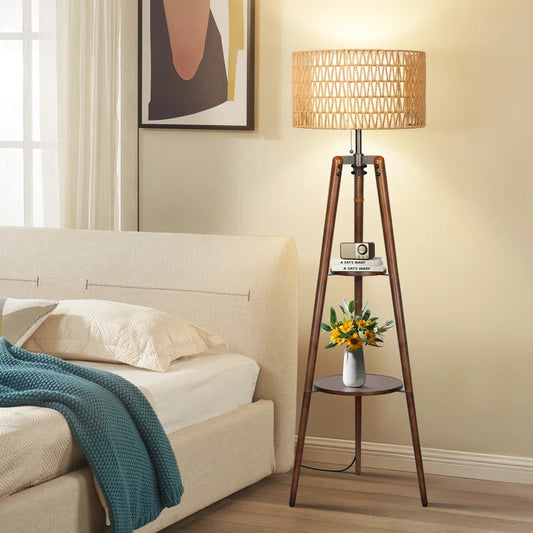 Acklins 61" Dimmable Tripod Floor Lamp Rattan Linen Dual Lampshades, Remote-Bulbs