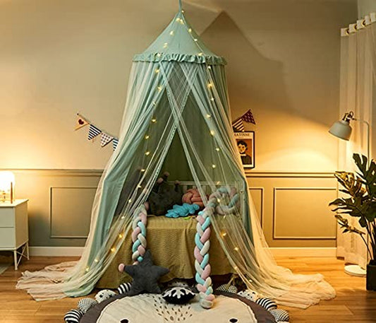 VETHIN Bed Canopy for Kids with Lights,Double Layer Princess round Dome Children