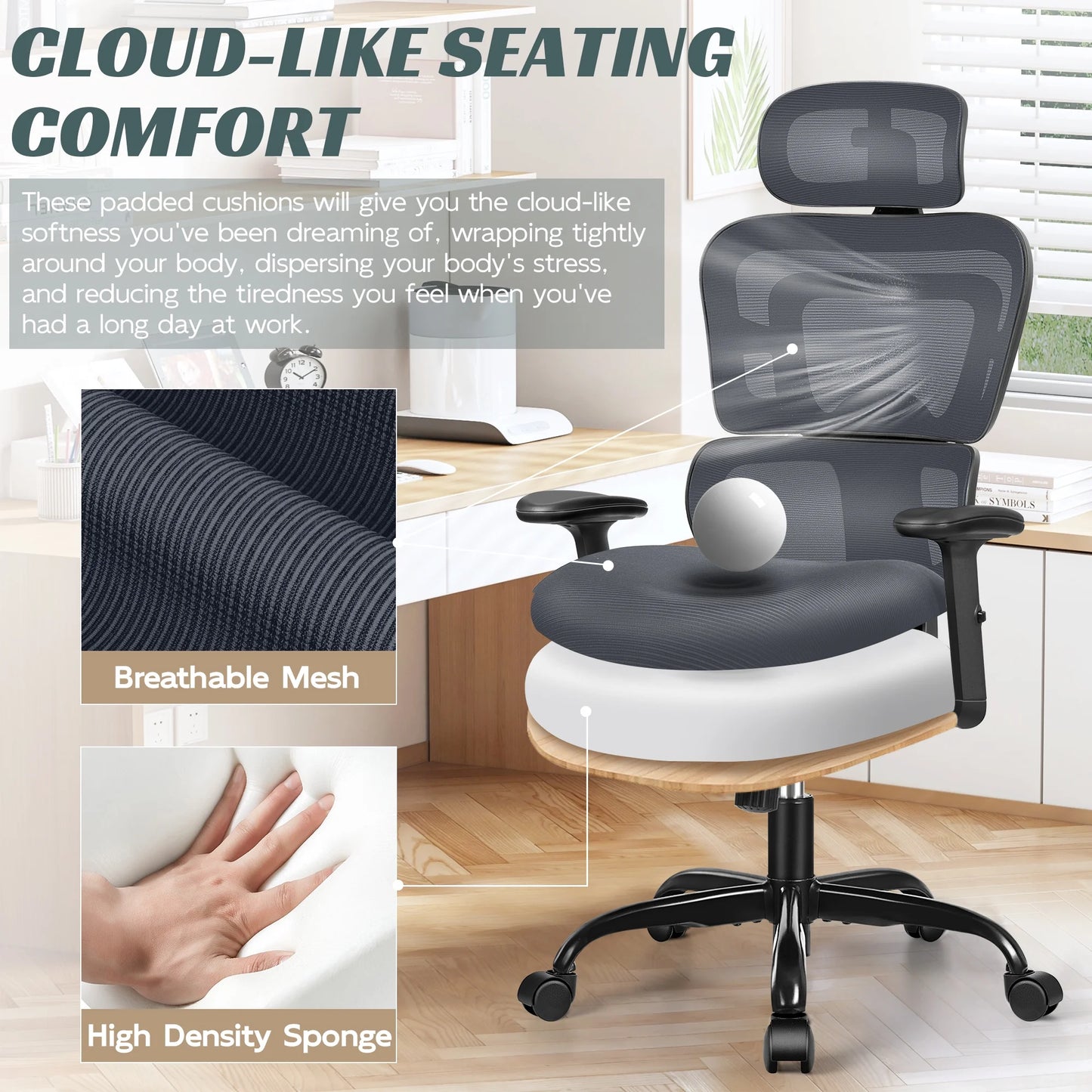 Ergonomic Office Chair Desk Chair High Back Computer Chair with Lumbar Support, High-Sponge Cushion Home Office Chair, 300Lbs, Dark Gray