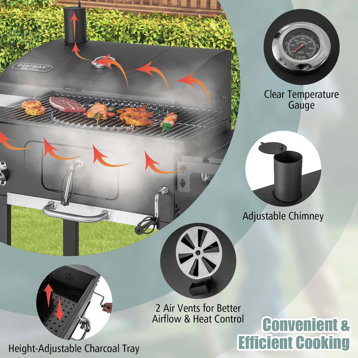 Outdoor Charcoal Grill 391 Sq.In. Cooking Area 2 Foldable Side Table BBQ Camping