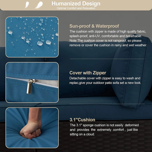 6 Pieces Patio Furniture Sets, Rattan Daybed with Retractable Canopy, Outdoor Sectional Sofa Set with Adjustable Backrest, Chaise Chair Sunbed for Garden Poolside Backyard（Blue）