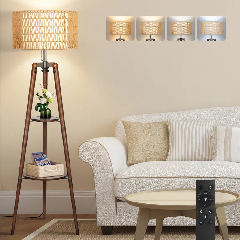 Acklins 61" Dimmable Tripod Floor Lamp Rattan Linen Dual Lampshades, Remote-Bulbs