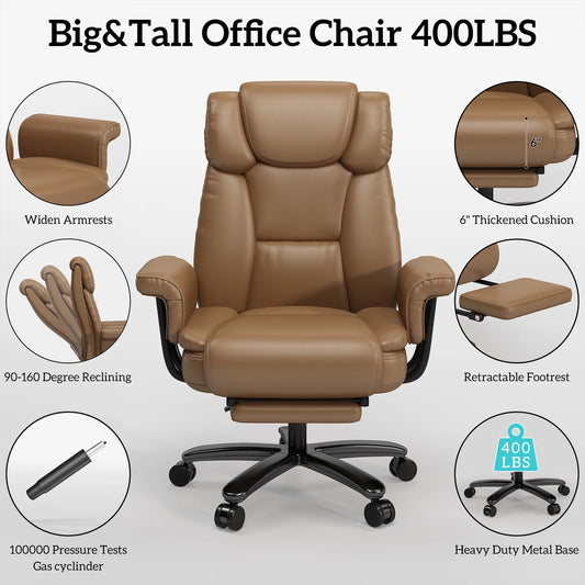 High Back Executive Office Chair, Ergonomic PU Leather Office Chair, Heavy Duty Computer Desk Chair, Reclining Office Chair with Footrest 400Lbs, Brown