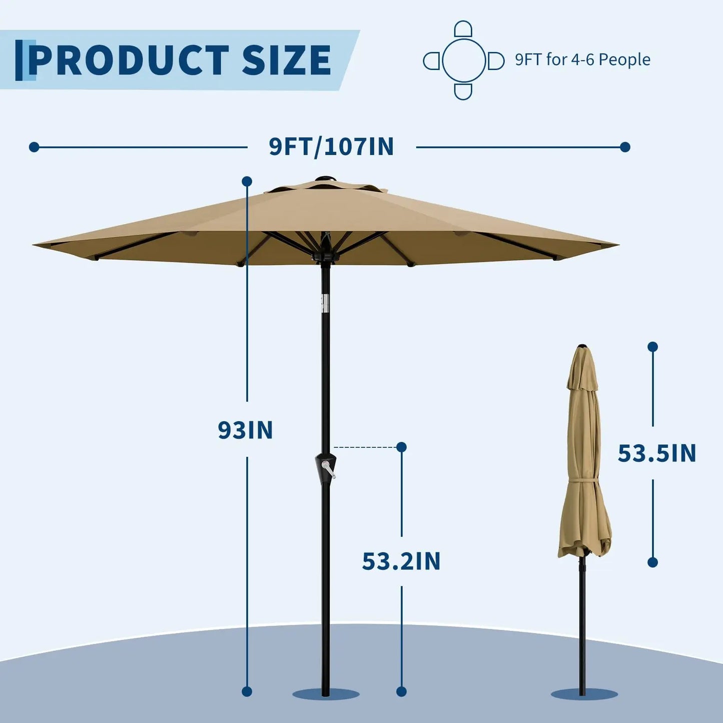 9FT Patio Market Umbrella with Crank Lift & Tilt