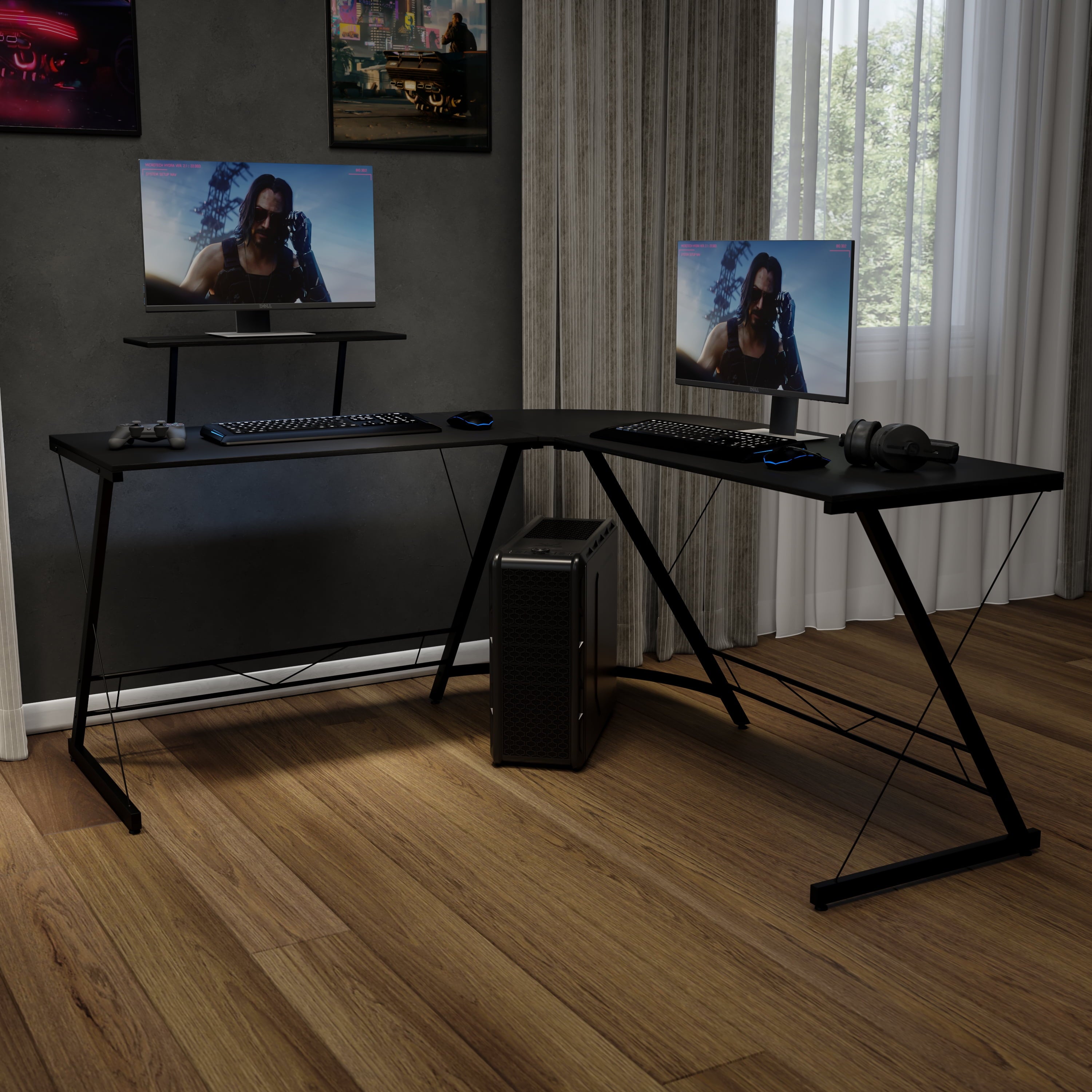 L-Shaped Computer Black Desk, Gaming Desk, Home Office Desk, Black Frame