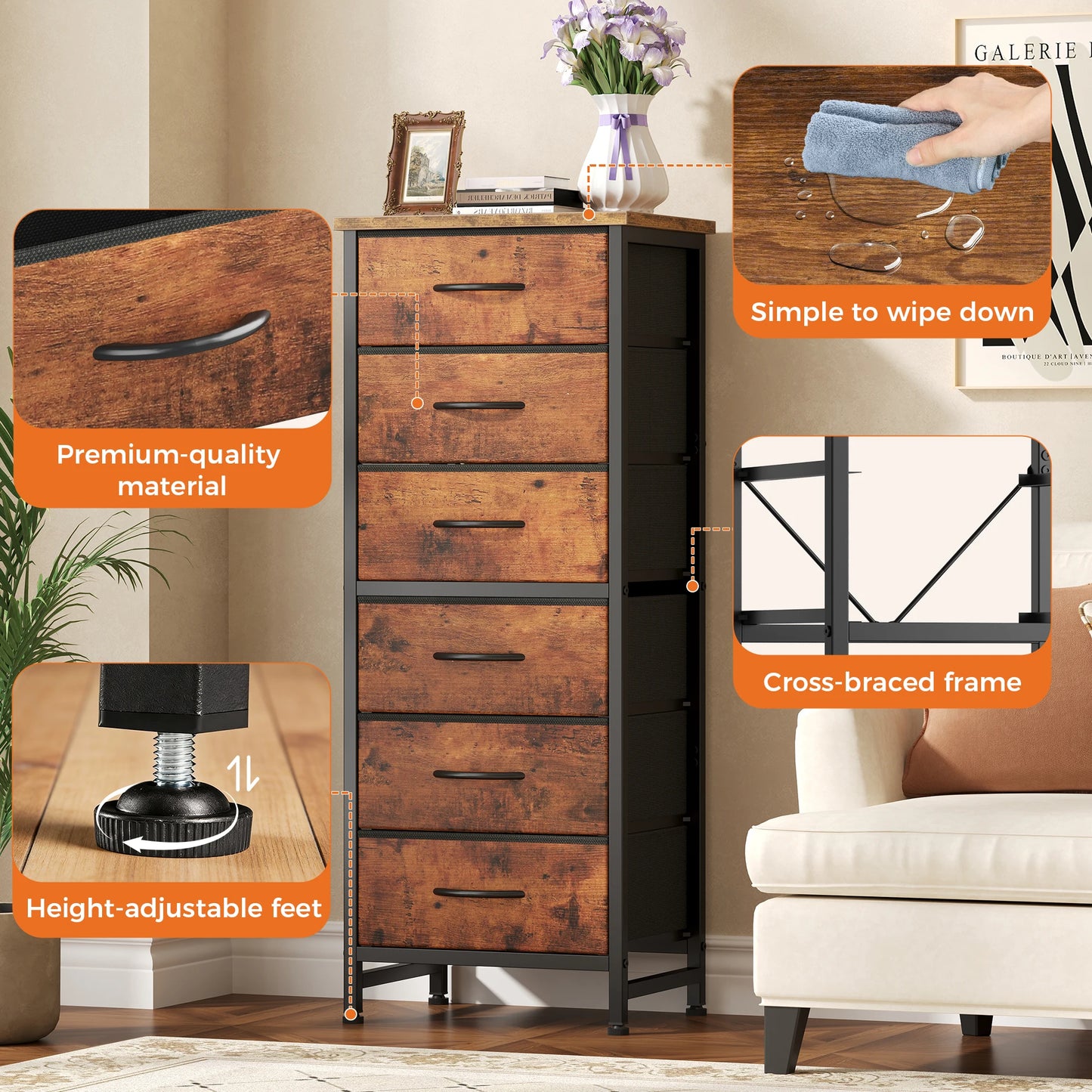 6-Drawer Fabric Dresser with Wood Top