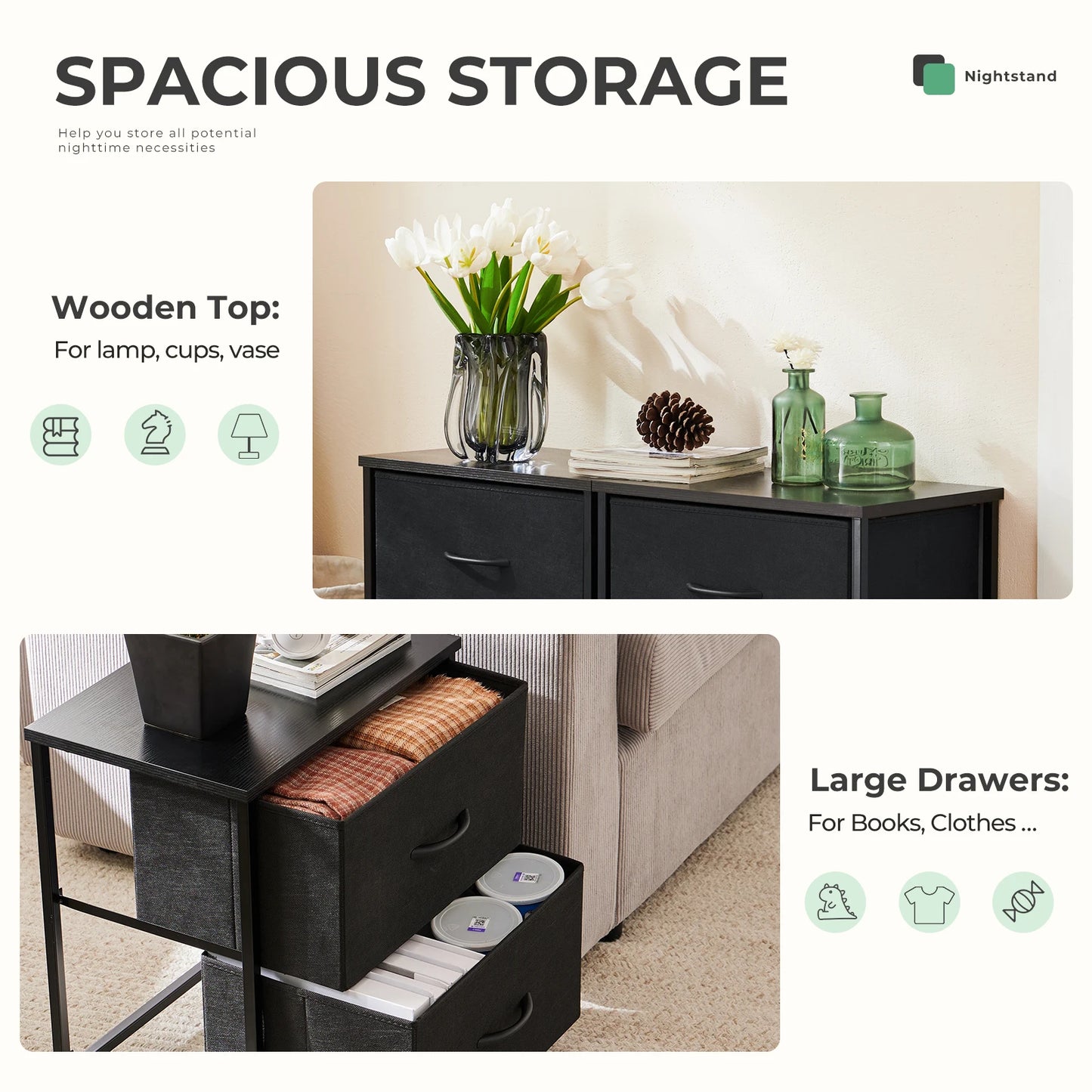 Set of 2 Fabric Drawer Nightstands
