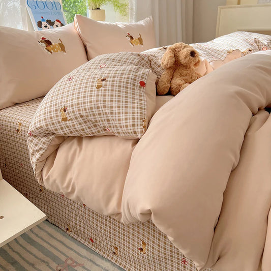 4-Piece Cartoon Embroidered Reversible Duvet Cover Set