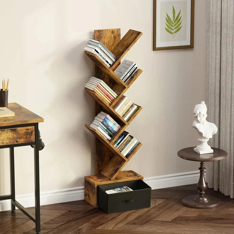 Wooden Tree Bookshelf with Drawers
