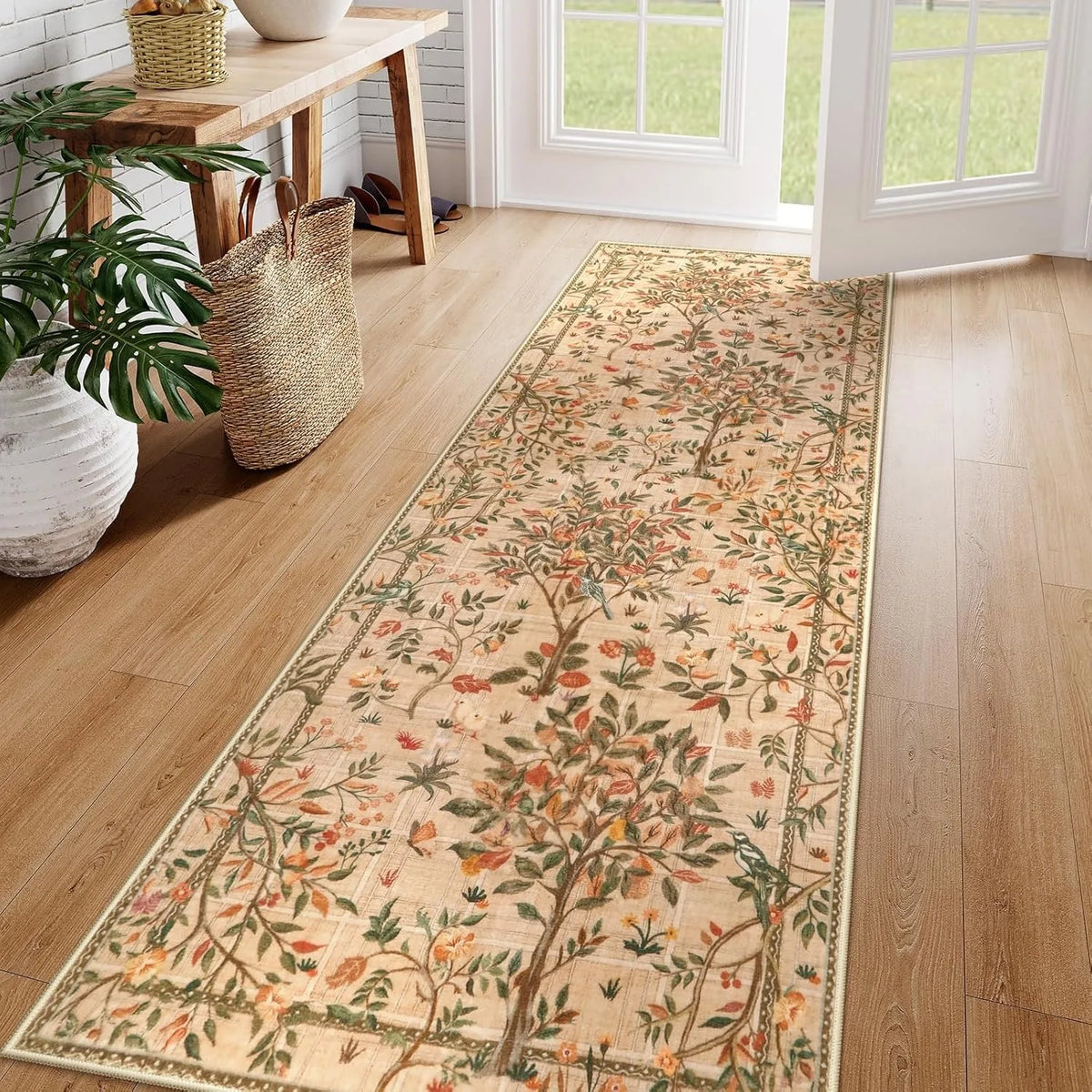 Green Floral Corridor Runner Rug