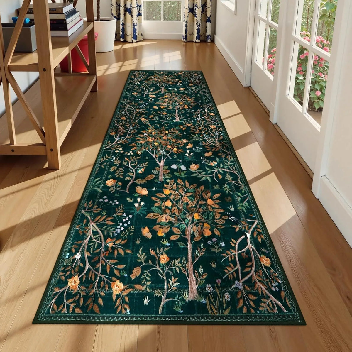 Green Floral Corridor Runner Rug