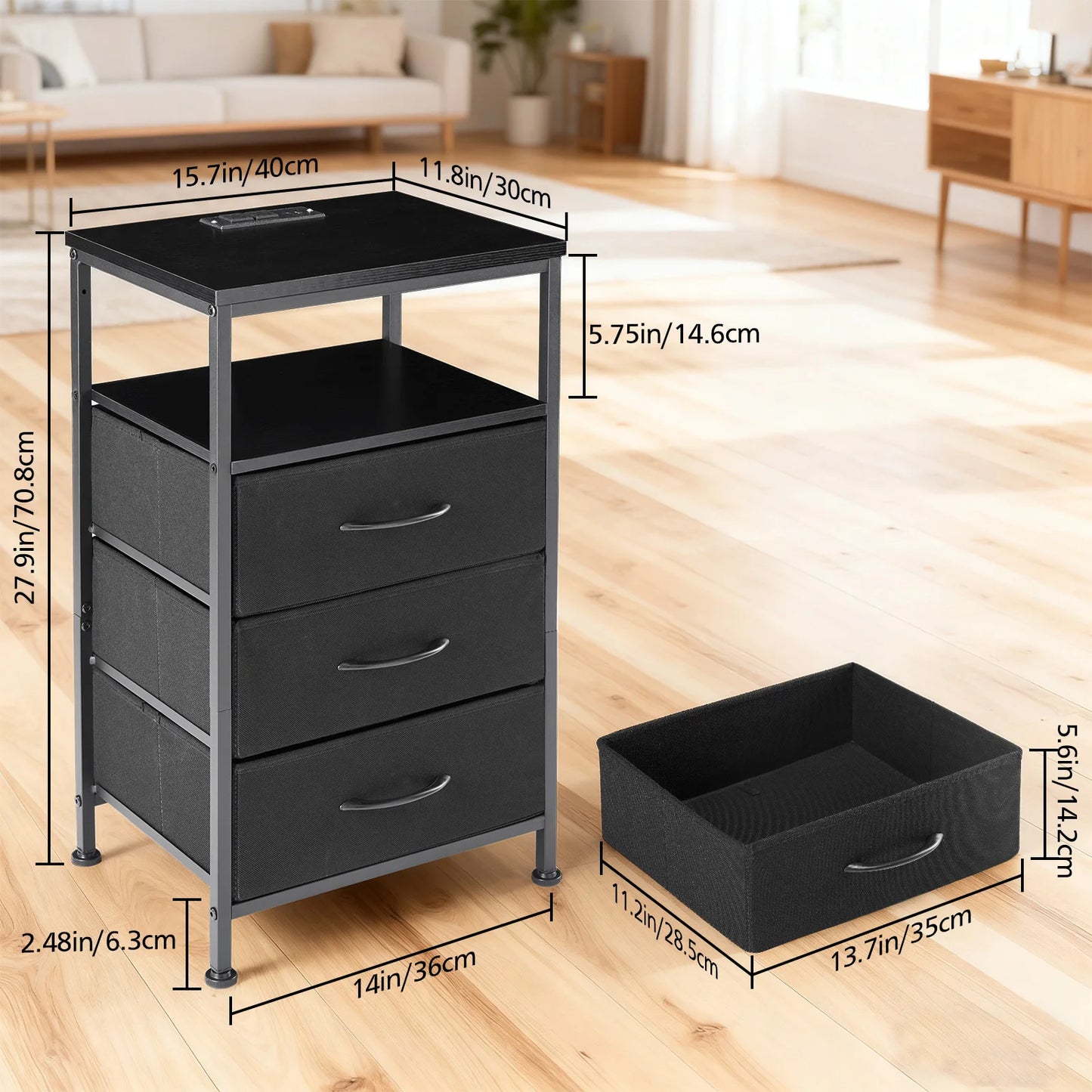 3-Drawer Nightstand with Charging Station