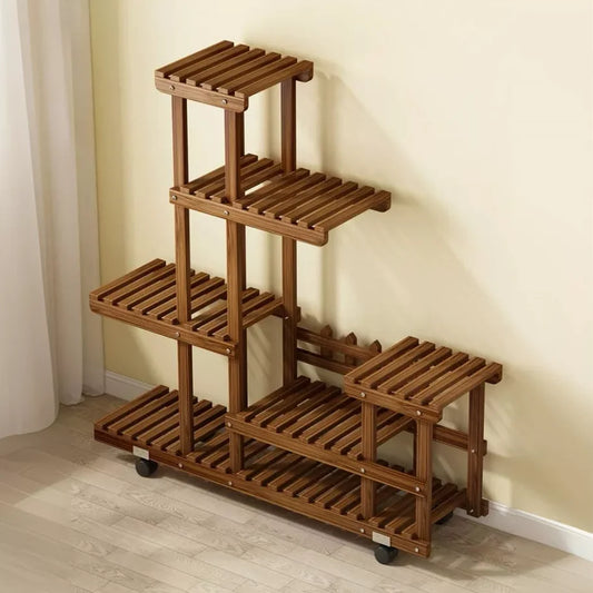 Multi-layer Rolling Wooden Plant Stand with Wheels