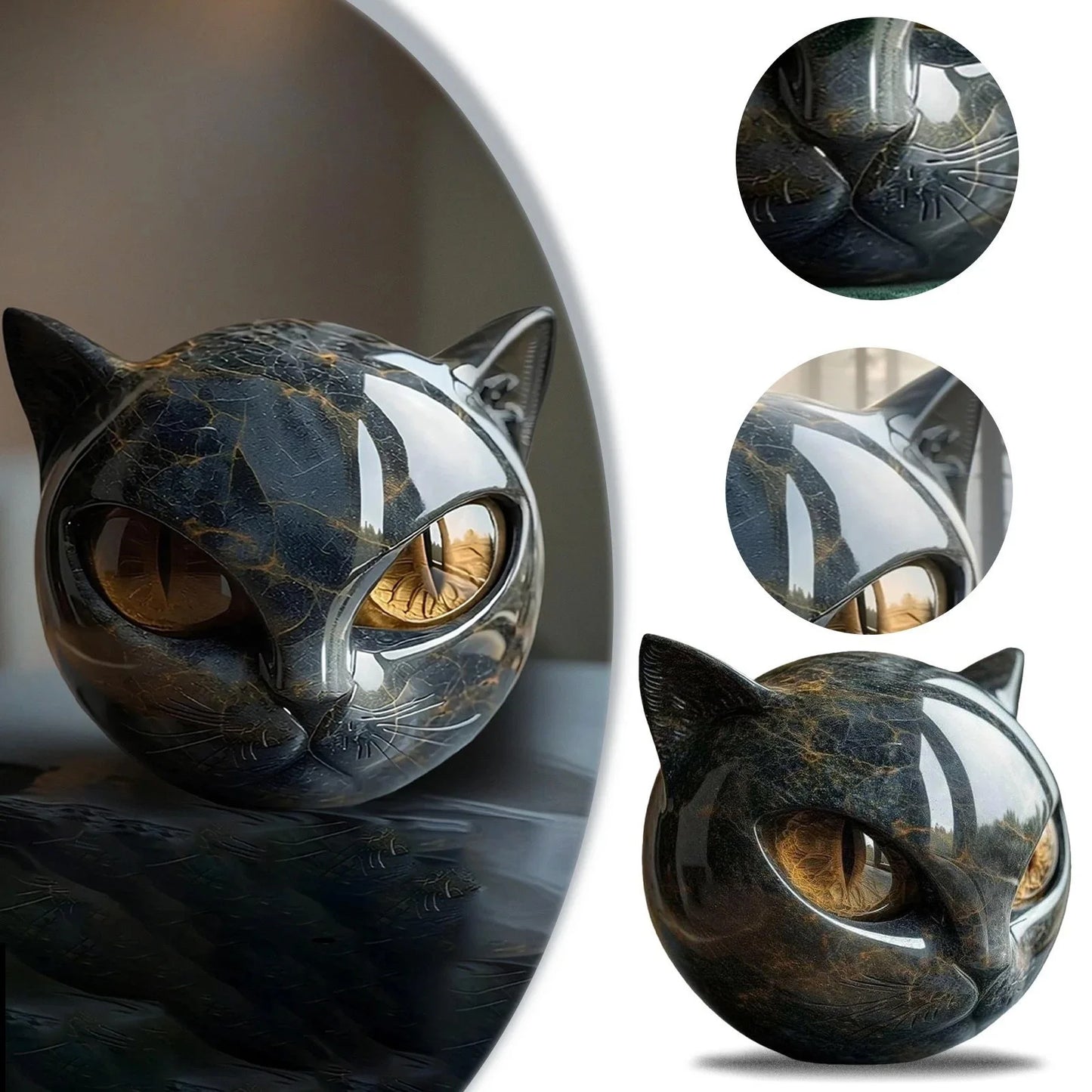 Black Cat Resin Figurine Marble Texture Desk Decor