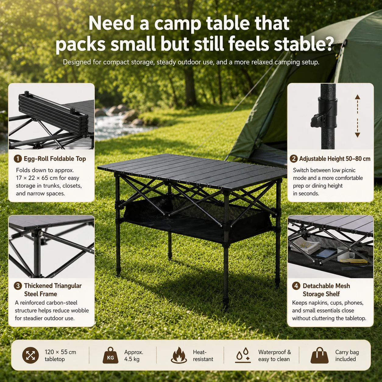 Adjustable Folding Camping Table with Storage Pocket