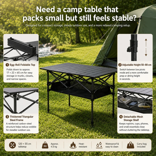 Adjustable Folding Camping Table with Storage Pocket