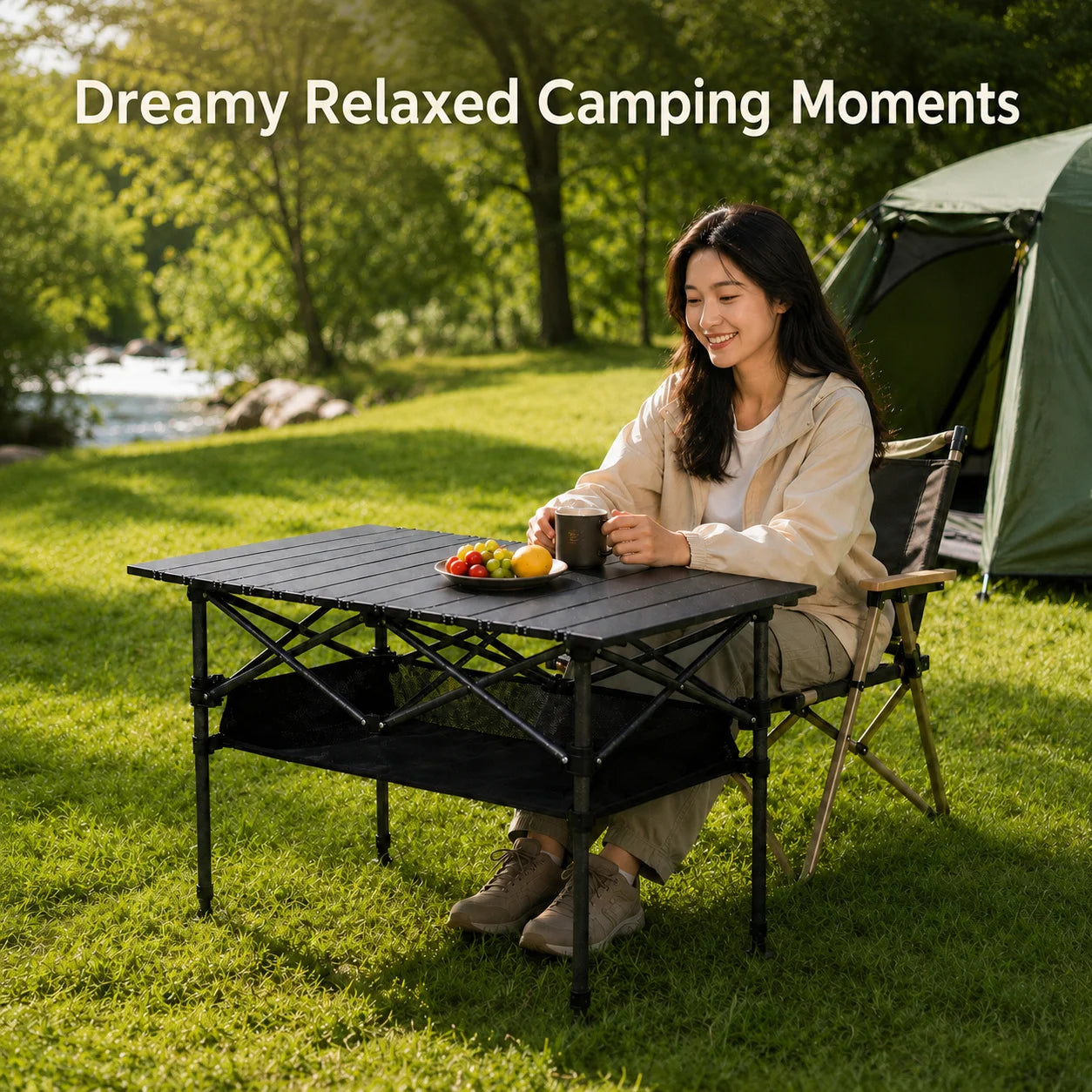 Adjustable Folding Camping Table with Storage Pocket