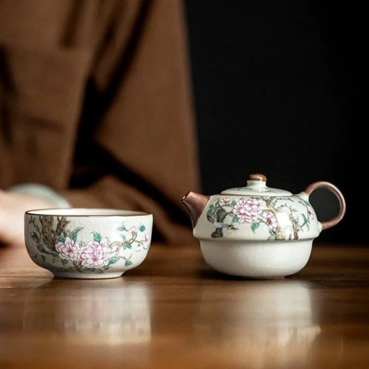Hand-Painted Ceramic Tea Set with Teapot & Teacup