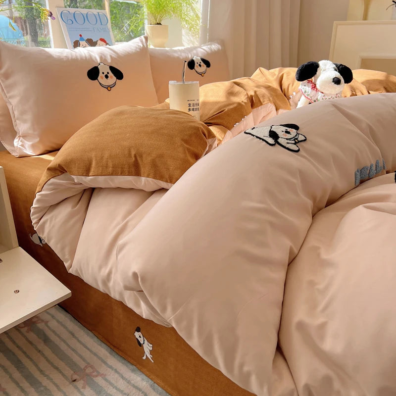4-Piece Cartoon Embroidered Reversible Duvet Cover Set