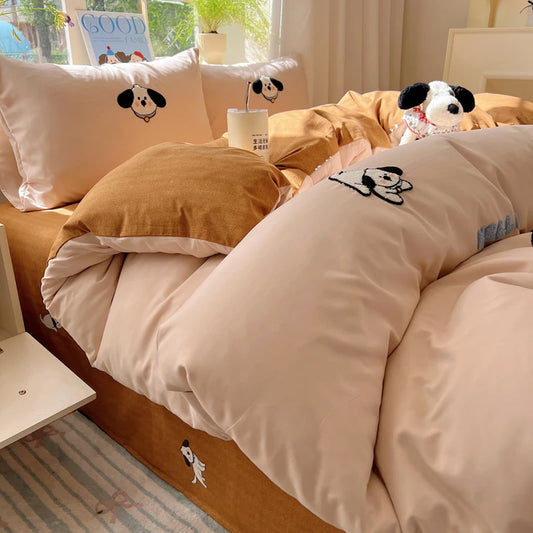 4-Piece Cartoon Embroidered Reversible Duvet Cover Set