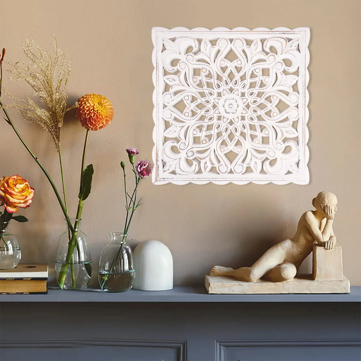Hollow Carved Wooden Floral Wall Panel Décor