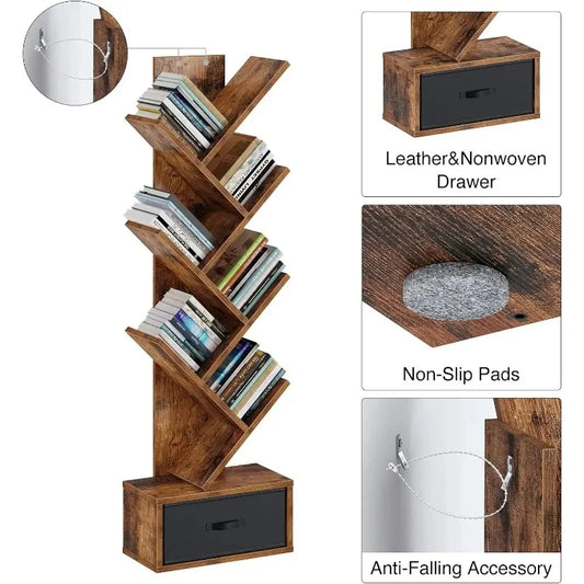 Wooden Tree Bookshelf with Drawers