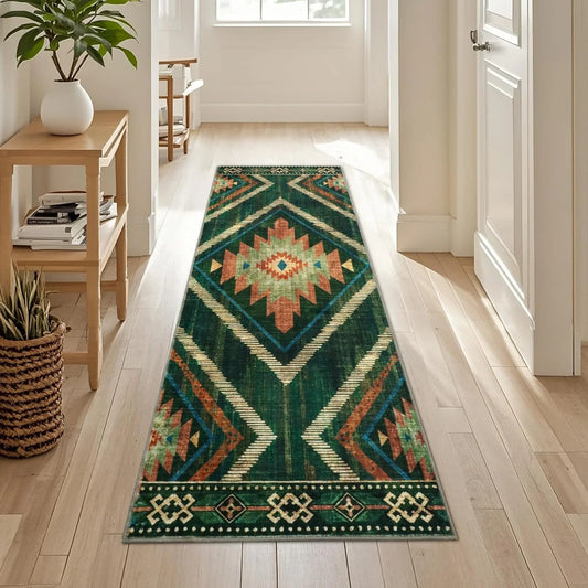 Vintage Green & Brown Runner Rug