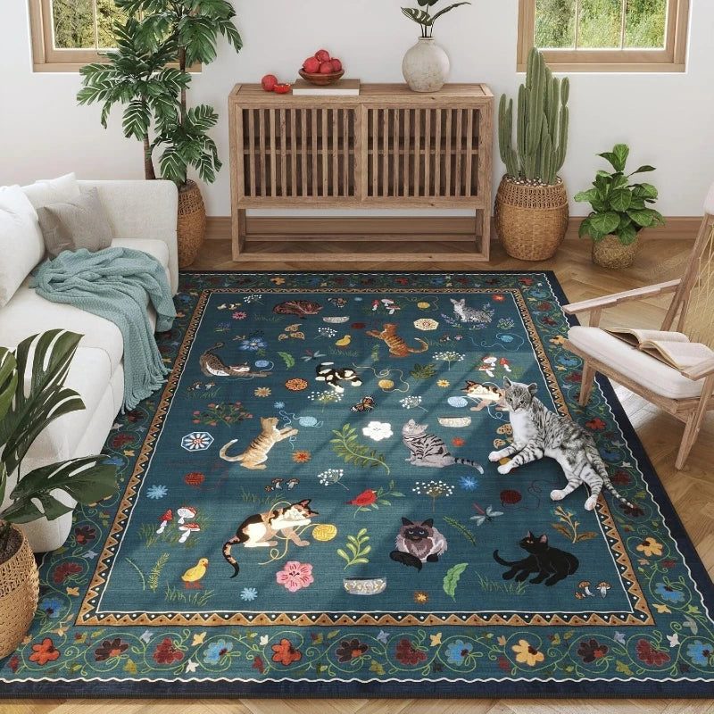 Blue Cat Print Non-Slip Rug