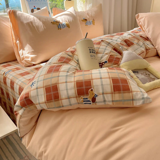 4-Piece Cartoon Embroidered Reversible Duvet Cover Set