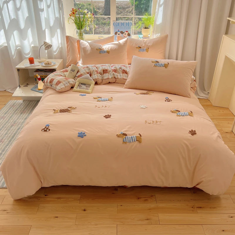 4-Piece Cartoon Embroidered Reversible Duvet Cover Set